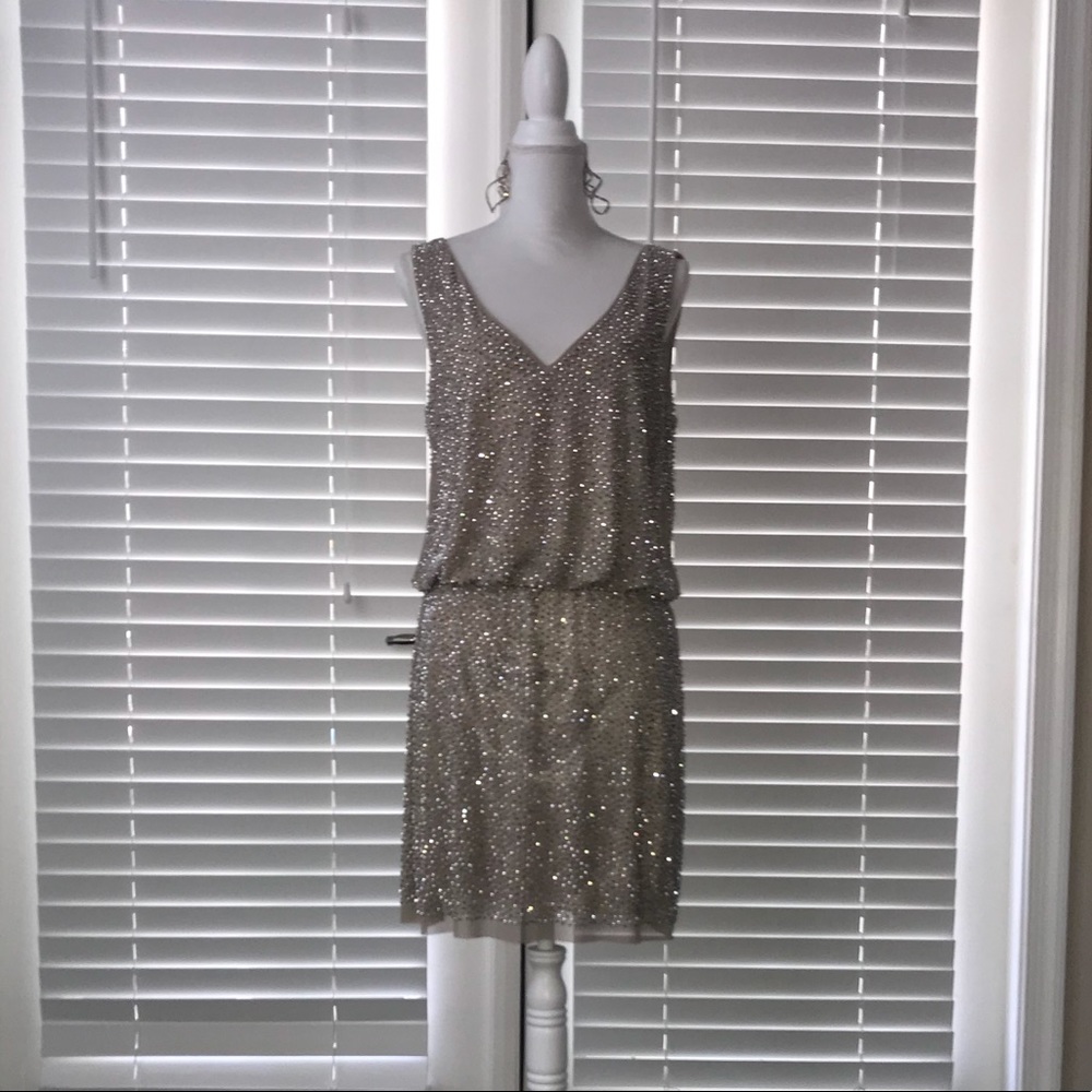 Xscape Nude Cocktail Dress with Silver Beads